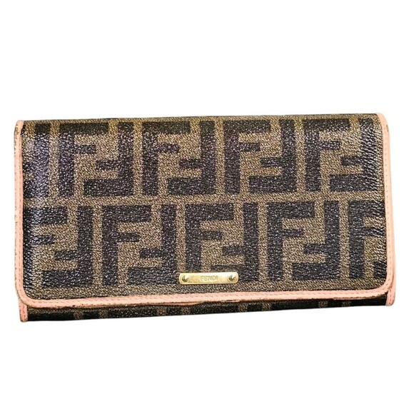 Fendi Coated Canvas Zucca Long Wallet FF Monogram Brown Pink Interior Trim Snap - Picture 1 of 16